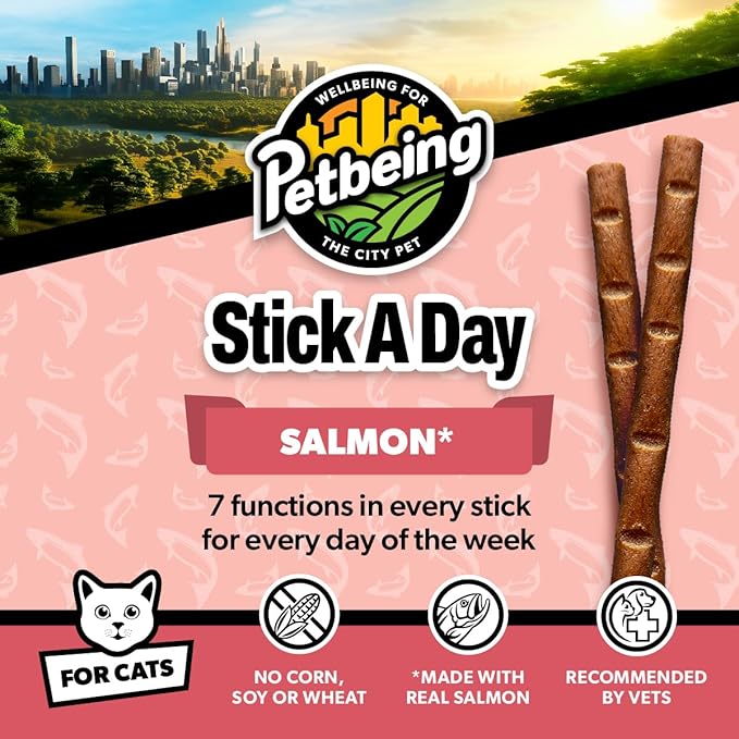 Stick a Day | Specially Formulated 7-in-1 Functions Daily Real Meat Supplement for Cats | Cat Chew Stick &amp; Pet Vitamins Supplements Combination (7-Pack x 4, Salmon)