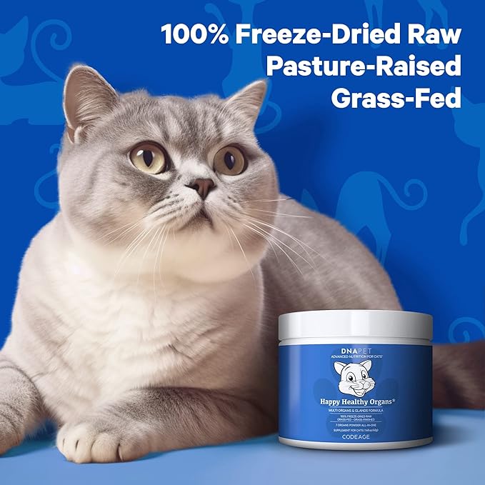 Happy Healthy Organs &amp; Glands Supplement For Cats, Freeze-Dried Raw Bovine Liver Grass-Fed Bone Marrow Heart Kidney Pancreas, Bovine Thymus Iron Multi Organ Powder, Joints Cat Vitamins 1.48 oz