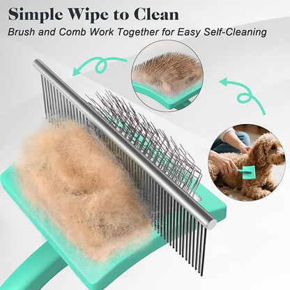 2PCS Slicker Brush for Dogs &amp; Pet Comb,Professional Dog Grooming Brush (Goldendoodles,Poodles,Labradoodles) with Extra Long Pins to Effectively Remove Tangles, Knots and Mats (Cyan)