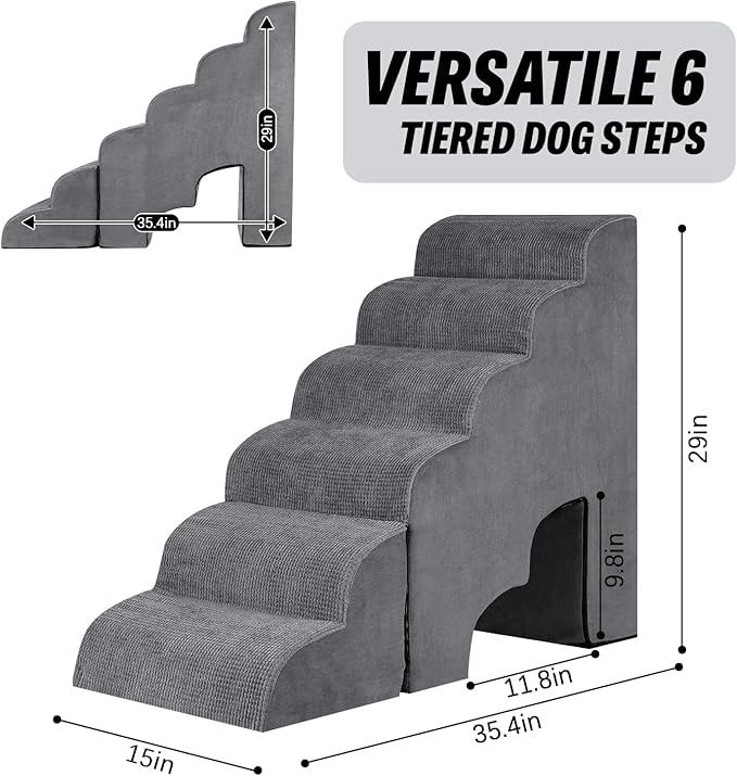 6 Step Dog Stairs&amp;Steps 29 Inches Tall Up to 29-32 Inches High Bed, Dog Ramp Cat Stairs Pet Ladder for Small Medium Dogs, Doggie, Old Cats, Kitty, Grey