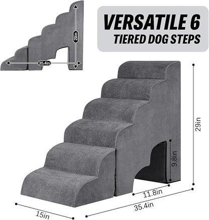 6 Step Dog Stairs&amp;Steps 29 Inches Tall Up to 29-32 Inches High Bed, Dog Ramp Cat Stairs Pet Ladder for Small Medium Dogs, Doggie, Old Cats, Kitty, Grey