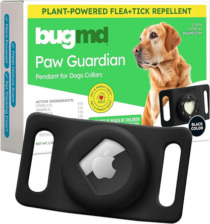 BugMD Paw Guardian Flea and Tick Prevention Pendant for Dogs with AirTag Holder | Plant-Powered Flea &amp; Tick Control for Dog Collars Harnesses | Dog Tag with Air Tag Holder - Black