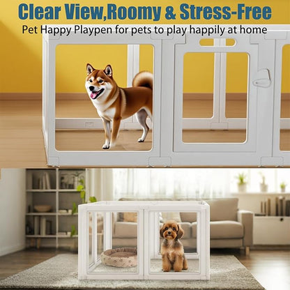 Clear Acrylic Dog Playpen Transparent Dog Playpens Indoor, Small Pet Play Pen for Small Dogs, Puppies, Cats &amp; Rabbits, Assemble &amp; Disassemble, with Door &amp; Suction Cups (23.6" H, 8PCS),White