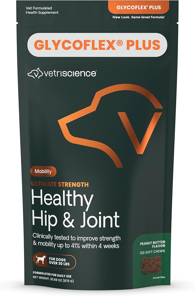VetriScience Ultimate Strength Healthy Hip &amp; Joint Chews, GlycoFlex Glucosamine, Chondroitin &amp; Green-Lipped Mussel Joint Support Supplement for Dogs, Soothe Joint Discomfort, Peanut Butter, 120 Count