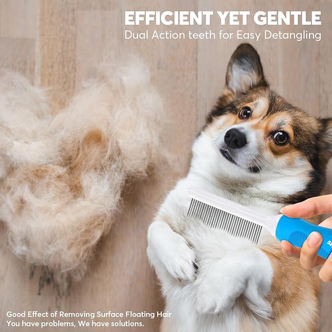 Detangling Pet Grooming Comb for Dogs &amp; Cats with Long &amp; Short Stainless Steel Metal Teeth for Removing Tangles and Knots - Dematting Brush to Detangle Matted Hair