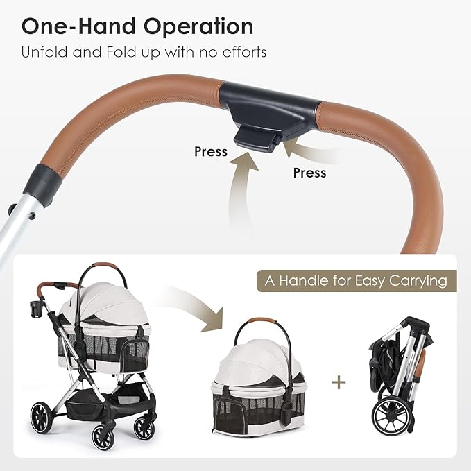 T6 Luxury Pet Stroller for Medium Dogs Up to 66lbs or 2 Small Pets – 3-in-1 Dog &amp; Cat Stroller with Removable Carrier, Foldable &amp; Lightweight (Beige &amp; Net Wall)