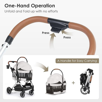 T6 Luxury Pet Stroller for Medium Dogs Up to 66lbs or 2 Small Pets – 3-in-1 Dog &amp; Cat Stroller with Removable Carrier, Foldable &amp; Lightweight (Beige &amp; Net Wall)