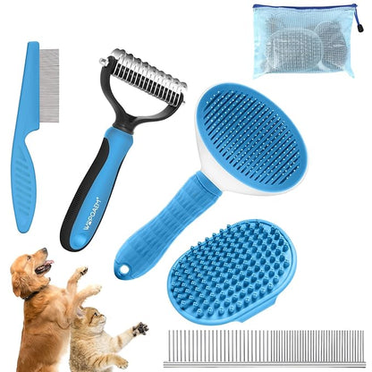 5 in 1 Dog Grooming Kit - Self-Cleaning Slicker Brush for Shedding Short Long Haired Dogs &amp; Cats, Includes Pet Comb, Flea Comb, Bath Brush, Undercoat Rake - Complete Fur Care Set - Blue
