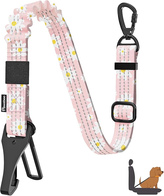 Pawaboo Dog Seatbelt for Car, 3-in-1 Dog Seat Belt Bungee, Shockproof Dogs Tether for Car with Buckle &amp; Hook Latch, Adjustable Reflective Dogs Cars Harness Leash with 360° Lockable Buckle, Light Pink