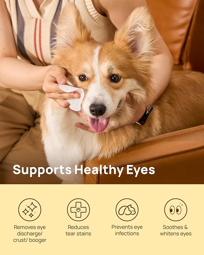 HICC PET Eyes Wipes for Dogs &amp; Cats - Gently Remove Tear Stain, Debris, Discharge, Crust - Coconut Oil Pet Cleaning Grooming Deodorizing Wipes Wash Cleaner for Eyes, Wrinkle, Face - 100pcs