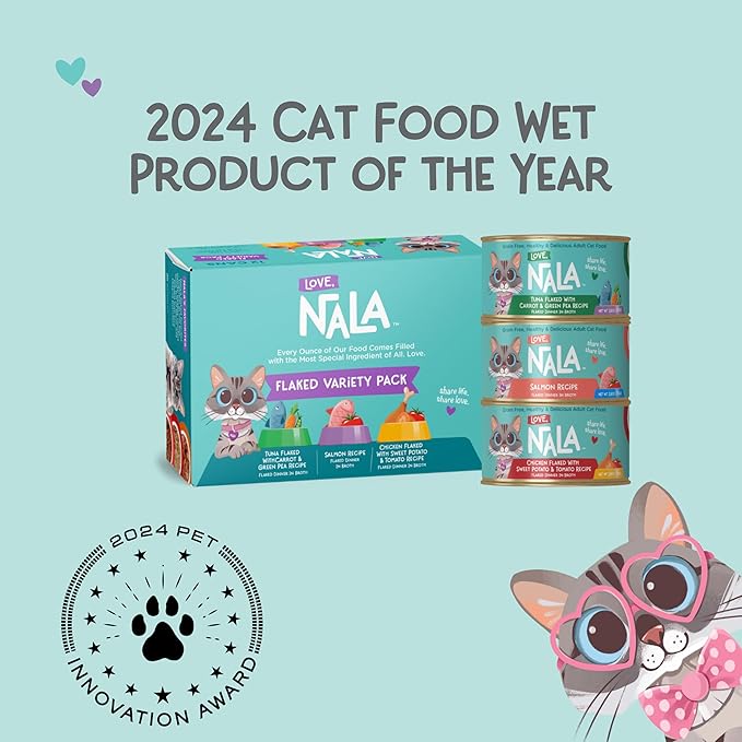 LOVE, NALA - Natural Adult Cat Wet Food - FLAKED Variety Pack - Salmon, Tuna, Chicken - Grain Free, Non-GMO, Lean Protein, Omega 3, Digestive Fiber Blend, Added Minerals &amp; Vitamins - 12 Pack