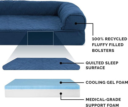 Furhaven Cooling Gel Dog Bed for Large Dogs w/ Removable Bolsters &amp; Washable Cover, For Dogs Up to 125 lbs - Quilted Sofa - Navy (Blue), Jumbo Plus/XXL