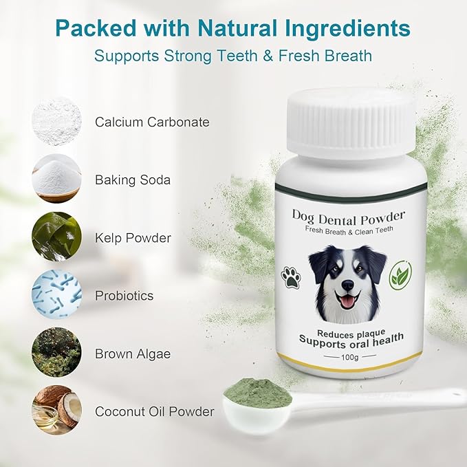 Dog Teeth Cleaning Powder 100g Fights Plaque &amp; Tartar Freshens Breath All-Natural Ingredients for Dogs of All Breeds and Ages Easy to Use Dog Dental Powder