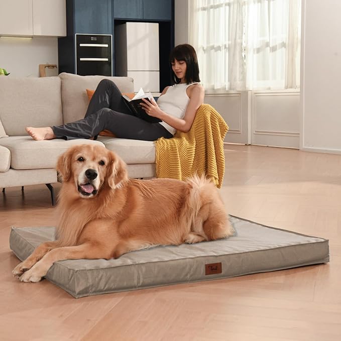 Outdoor Dog Bed for Medium/Small Dogs, Waterproof Dog Bed for Medium Dogs Cats, Orthopedic Egg Crate Foam Pet Bed with Removable Cooling Cover, Khaki