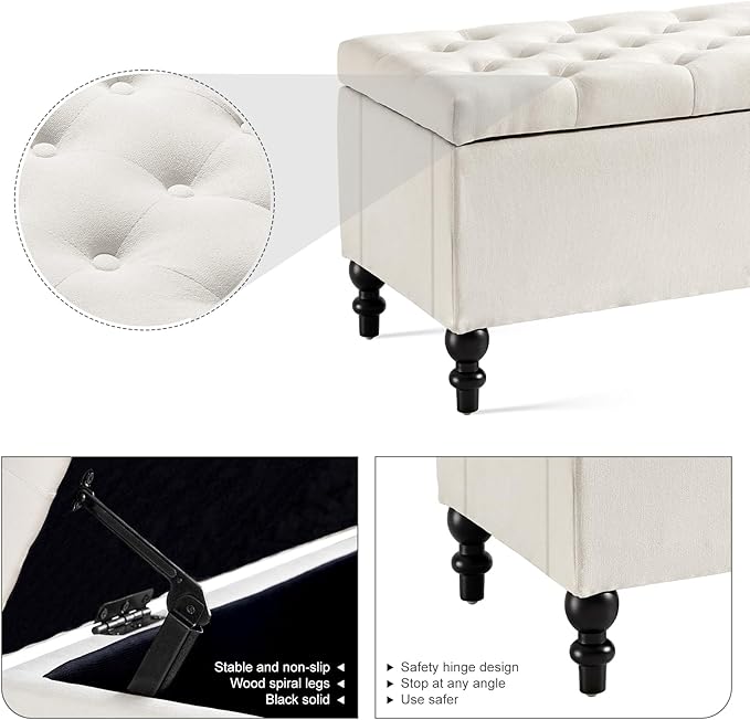 Ottoman with Storage,50.2-inch Upholstered End of Bed Storage Bench for Bedroom,for The Living Room,for Entryway, with Tray &amp; Button and Safety Hinges,Detachable (White)