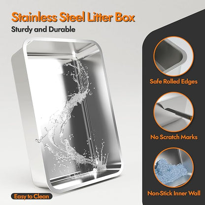 Stainless Steel Cat Litter Box with Lid, 20" L x 14.2" W x11.8 H, Large Cat Litter Box for Multiple Cats with High Sided, No-Leak &amp; Stick, Easy to Clean, Includes Litter Mat &amp; Multi Functional Scoop