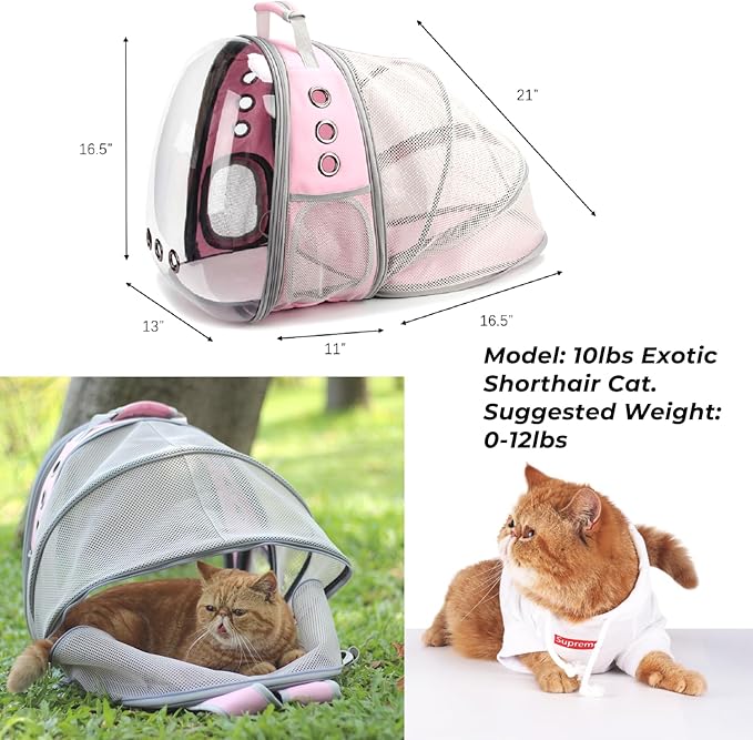 Lollimeow Cat Carrier Backpack, Bubble Expandable Backpack Carrier, Pets and Small Dogs,Airline-Approved, Designed for Travel, Hiking, Walking &amp; Outdoor Use (Back Expandable-Pink)