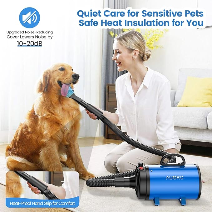 Dog Dryer, 5.2HP/3800W High Velocity Dog Hair Dryer with 4 Nozzles, Stepless Adjustable Speed &amp; Temperature Control, Low Noise Professional Dog Grooming Dryer (Blue)