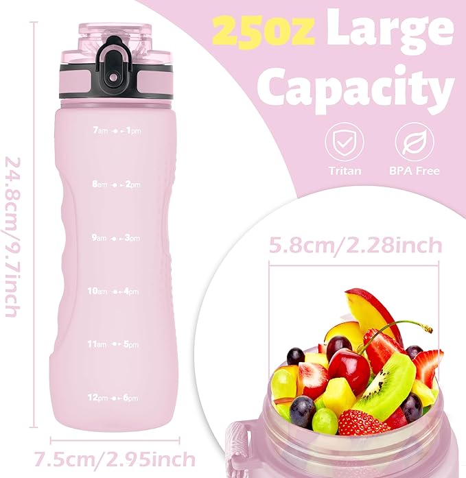 OLDLEY 25 oz Water Bottle, Motivational Water Bottle with Time Marker, Sports Water Bottle With Strap, Leakproof &amp; BPA Free Large Water Bottles for School, Gym, Travel, Outdoor, Tritan,Pink