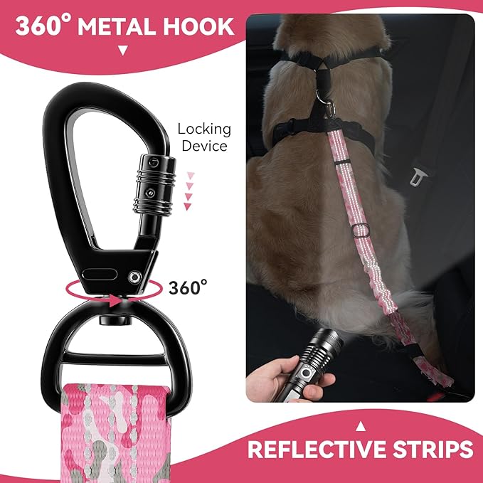 Pawaboo Dog Seatbelt for Car, 3-in-1 Dog Seat Belt Bungee, Shockproof Dogs Tether with Buckle &amp; Hook Latch, Adjustable Reflective Dogs Cars Harness Leash with 360° Lockable Buckle, Pink Camouflage