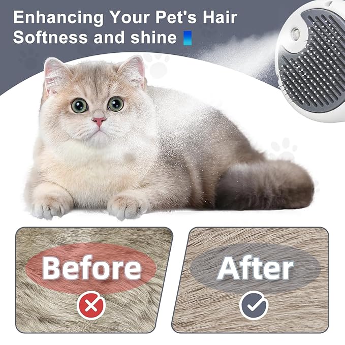 Cat Steam Brush, 3-in-1 Self-Cleaning Pet Grooming Tool with Water Spray, Shedding &amp; Massage Comb for Long &amp; Short Hair Cats and Dogs