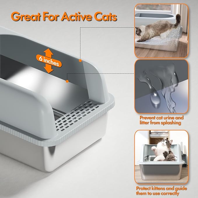 Stainless Steel Cat Litter Box with Lid, 20" L x 14.2" W x11.8 H, Large Cat Litter Box for Multiple Cats with High Sided, No-Leak &amp; Stick, Easy to Clean, Includes Litter Mat &amp; Multi Functional Scoop