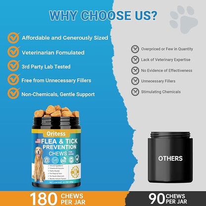 Flea and Tick Prevention for Dogs, 180 Soft Chews Natural Dog Flea and Tick Chewables Oral Flea Supplement for Dogs, Puppy Flea Support - All Breeds &amp; Ages - Chicken Flavor