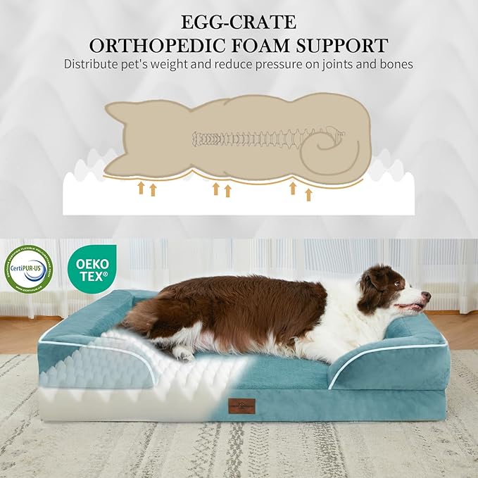 Comfort Expression Large Dog Beds Waterproof Orthopedic Foam Dog Sofa Beds Comfy Pet Bed with Washable Removable Cover &amp; Non-Slip Bottom(Large,Washed Blue)