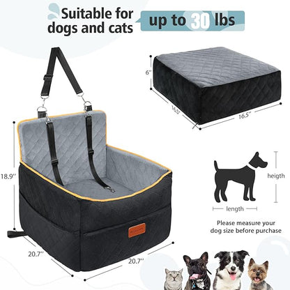 Small Dog Car Seat, Memory Foam Dog Booster Seats with Thick Cushion for Medium Dogs Under 35lbs, Detachable Washable Pet Car Seat Bed with Storage Pockets,2 Safety Belts