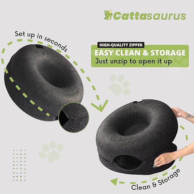 CATTASAURUS Peekaboo Cat Cave for Multiple &amp; Large Cats Up to 30-45 Lbs, Scratch Detachable &amp; Washable Tunnel Bed, Comfy Donut Cat Cave (Dark Gray, Large)