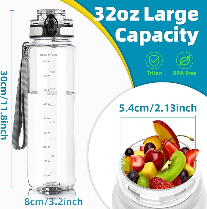 OLDLEY 32 oz Water Bottle, Motivational Water Bottle with Time Marker, Sports Water Bottle With Strap, Leakproof &amp; BPA Free Large Water Bottles for School, Gym, Travel, Outdoor, Tritan, Transparent