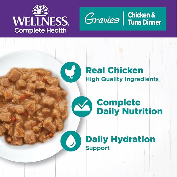 Wellness Complete Health Gravy Adult Wet Cat Food, Natural, Protein-Rich, Grain Free, 5.5 Ounce, 12 Pack, (Chicken &amp; Tuna Dinner)
