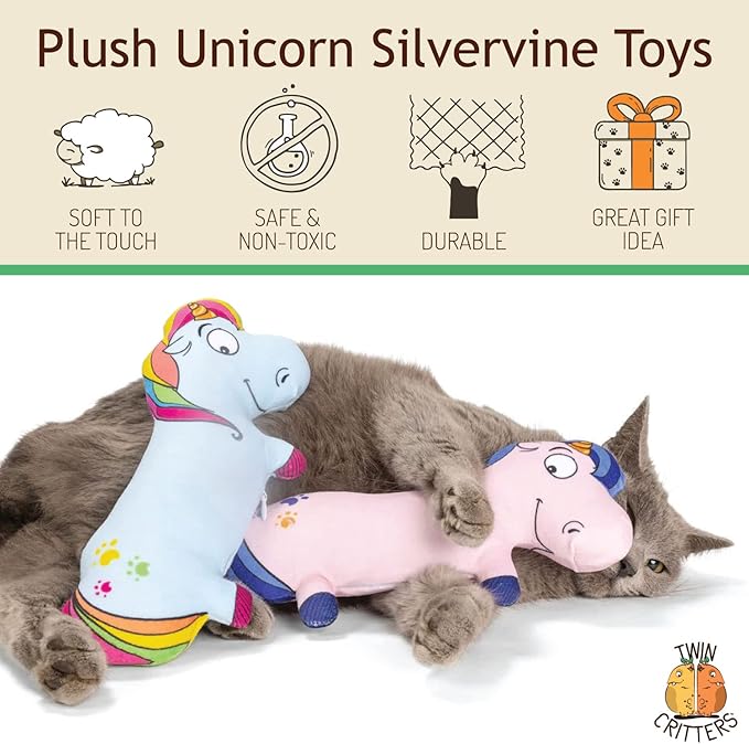 Silvervine Unicorn 2-Pack Organic Catnip Substitute Toys for Cats &amp; Kittens | 100% All-Natural Wild Harvested | 2 Refillable Unicorn Kicker Cat Toys