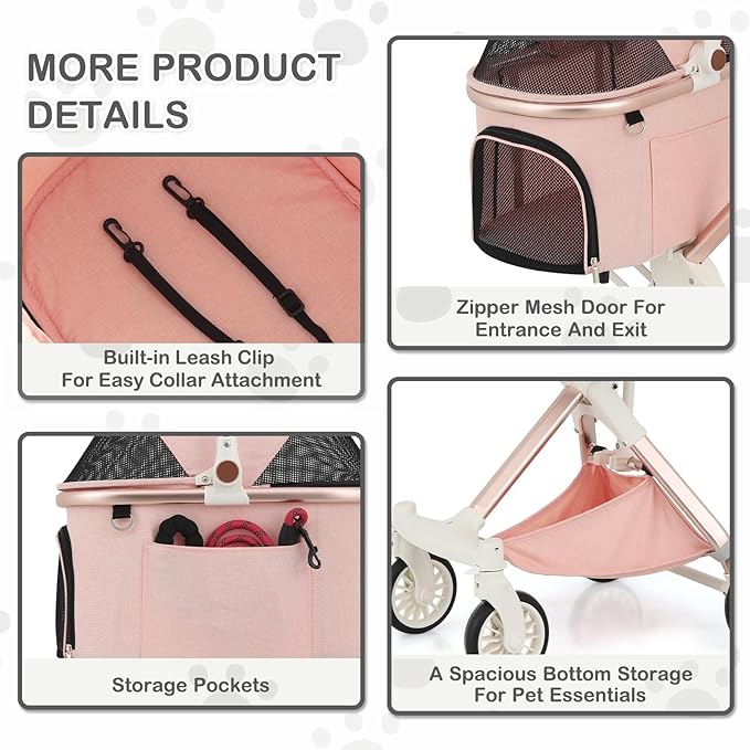 MoNiBloom 3 in 1 Pet Stroller with Adjustable Handle, Jogging Stroller w/Detachable Carrier &amp; Lightweight Aluminum Frame for Dogs Cats, Soft Pink