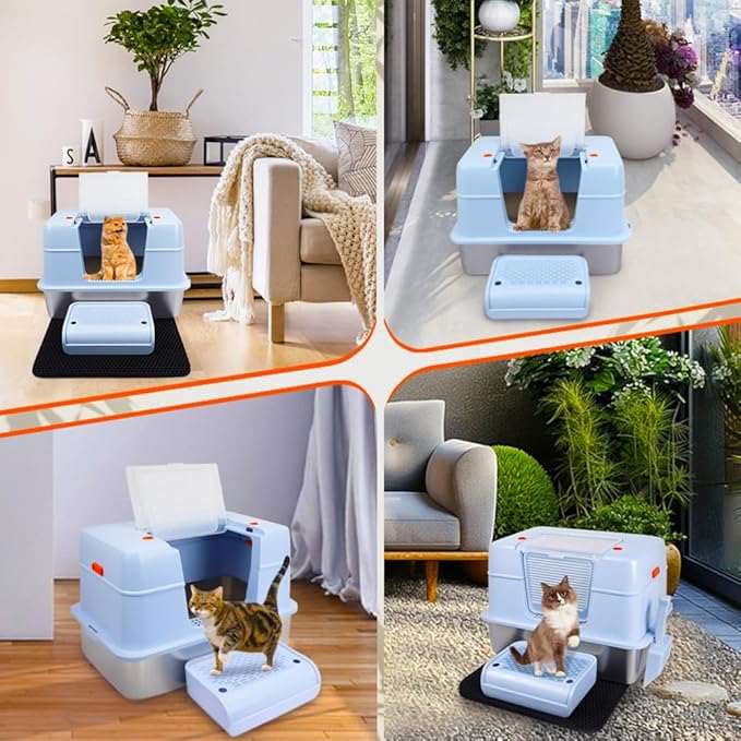 Vivifying Stainless Steel Litter Box with Lid, XL Side Entry Extra Large Litter Box for Big Cats &amp; Kitty, Removable Enclosed Metal Cat Pan with High Sided Enclosure, Scoop, Mat, Footboard (Blue)