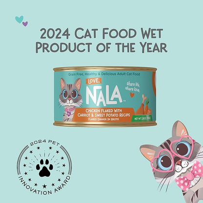 LOVE, NALA - Natural Adult Cat Wet Food - FLAKED Chicken with Carrot &amp; Sweet Potato in Broth - Grain Free, Non-GMO, Lean Protein, Digestive Fiber Blend, Added Minerals &amp; Vitamins - 12 Pack, 2.4 lbs.