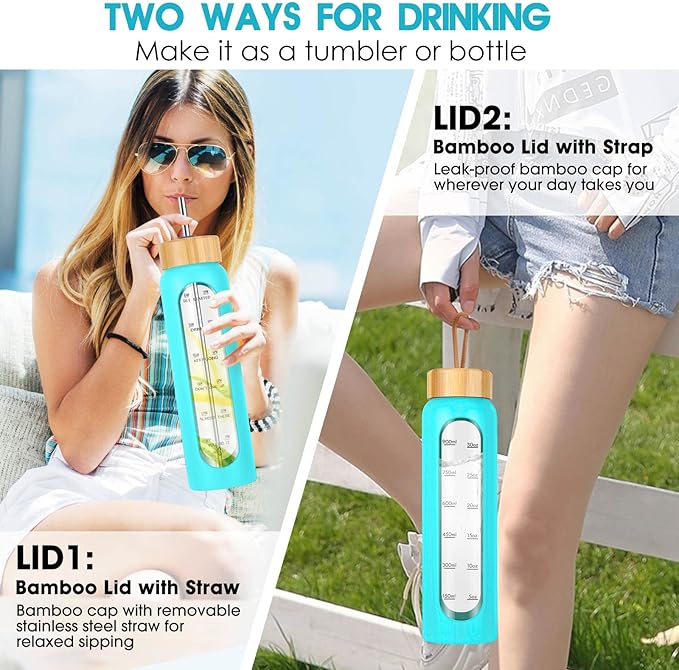 32 oz Glass Water Bottle with Straw - Motivational Time Marker &amp; Silicone Sleeve - Reusable Tumbler Includes 2 Bamboo Lids &amp; Fruit Infuser - 1 Pack