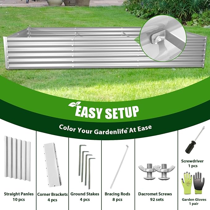 A ANLEOLIFE 8X4X1.5 ft Galvanized Raised Garden Bed, Rectangle Above Ground Modular Metal Planter Boxes Outdoor for Vegetables Flowers Herbs, Anti-Rust &amp; Easy-Setup, Antique White