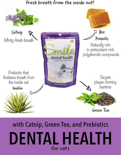 Smile Daily Dental Health Soft Chews for Cats, Support Healthy Teeth and Fresh Tongue with Catnip and Green Tea, Prebiotics, and Chlorophyll for Fresh Breath, 10.5 oz