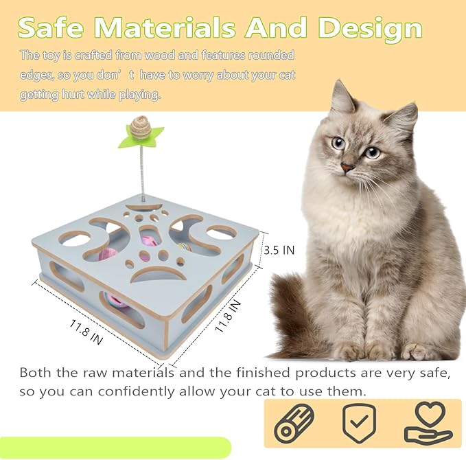 Interactive Wooden Cat Puzzle Toy Box Indoor Hunting Play Toy to Stimulate Your Cat’s Energy and Instincts (Blue)