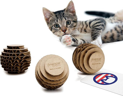 Cat Ball Toys by Americat – Made in USA – Safe Cardboard Cat Toys – for Interactive and Independent Play, Exercise &amp; Stress Relief for All Breeds &amp; Ages (Pack of 3 Round Balls)