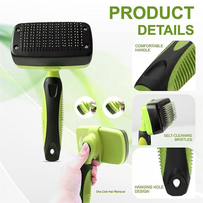 Pet Self Cleaning Slicker Brush and Grooming Comb - Gently Removes Loose Hair, Tangles, and Dirt - Skin Friendly Deshedding Grooming Tool for Hair Dogs &amp; Cats - Pet Supplies Accessories (Green)