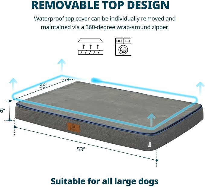 Orthopedic Memory Foam Giant Dog Bed - 6" Thick Beds for Large Sized Dog - Waterproof Removable Washable Cover &amp; Wrap-Around Zipper - Ultimate Comfort &amp; Easy Maintenance, Dark Grey