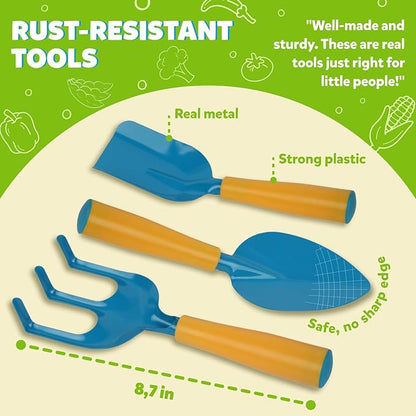 Blue Kids Gardening Tools - Includes Sturdy Tote Bag, Watering Can, Gloves, Shovels, Rake, and Delightful Children&