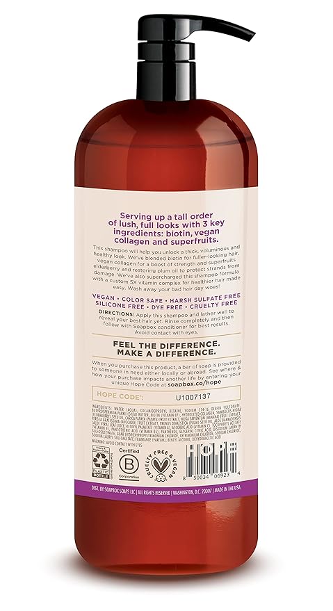 Soapbox Biotin Shampoo, Biotin &amp; Collagen Super Fruit Shampoo for Thin, Fine, Thinning Hair | Volumizing &amp; Repairing to Promote Hair Growth, Strength, Fullness, 1 Liter Pump Bottle