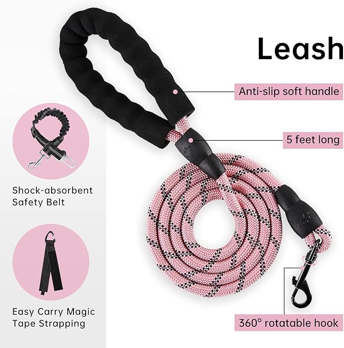 IVY&amp;LANE No Pull Dog Harness for Large Dogs, Dog Vest Harness with Leash, Safety Belt and Storage Strap, Fully Adjustable Harness, 360° Reflective Strip, Soft Handle (Pink, XL)