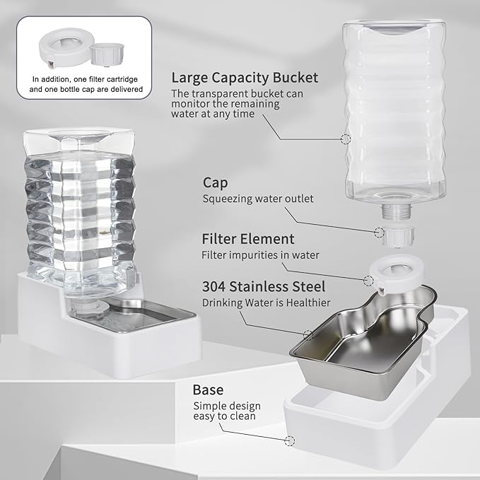 Automatic Pet Water Dispenser: 9L Gravity-Fed Stainless Steel Bowl - BPA-Free Large Capacity White Feeder for Dogs &amp; Cats - Indoor/Outdoor Use