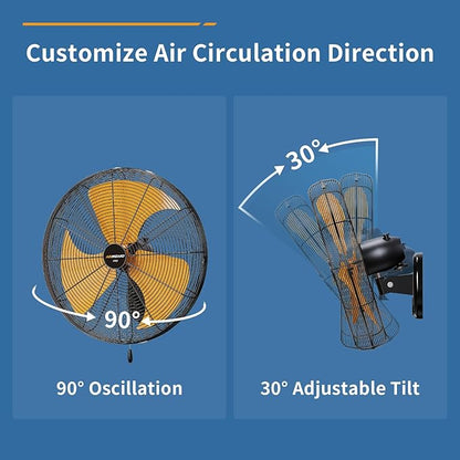 Oscillating High Velocity Wall Mount Fan, Industrial Heavy Duty Metal Wall Fans, 3 Speeds, Adjustable Tilt, Quiet Operation Commercial Shop Fan for Garage (18 Inch - Indoor)