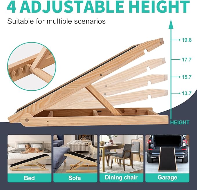 Dog Ramp, Adjustable Height Wooden Folding Pet Ramp for Bed, Couch,SUV-High Traction, Portable Paw Ramps for Small &amp; Large Old Dogs &amp; Cats - Furniture Quality