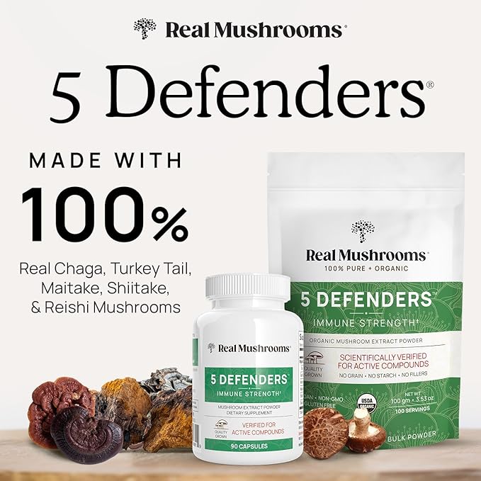 Real Mushrooms 5 Defenders - Adaptogenic Mushrooms Complex with Chaga, Reishi, Turkey Tail, Maitake &amp; Shiitake for Wellness Support - Mushroom Beta Glucan Capsules - 90 Count